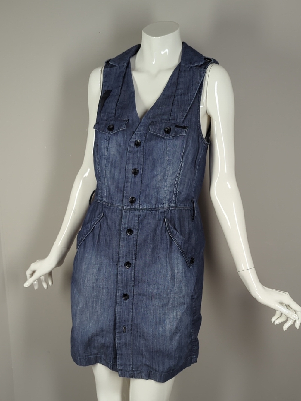 diesel Button-Front Sleeveless Denim Dress in Washed Blue Small